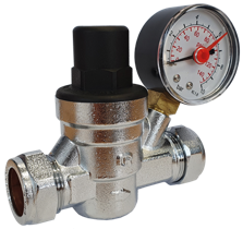 Albion 15/22mm Art 675 Compression DZR Brass WRAS Pressure Red Valve PN16 c/w Gauge Range 0-10 Bar